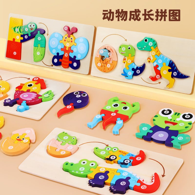 Young Children'S Wooden Enlightenment Digital Cognitive Animal Growth And Evolution 3D Stereo Puzzle Puzzle Building Blocks Educational Toys - Image 4